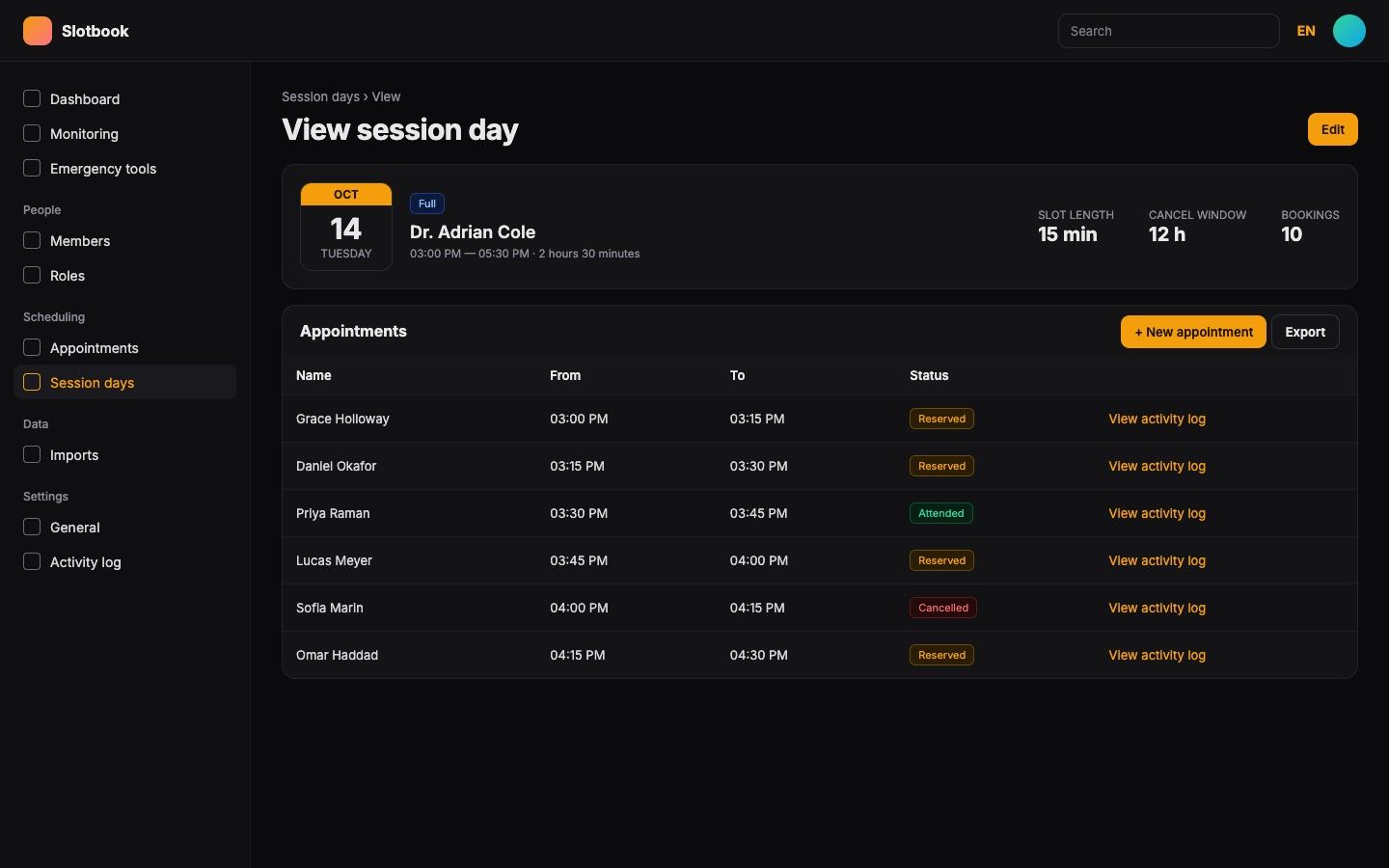 Slotbook: session day and bookings