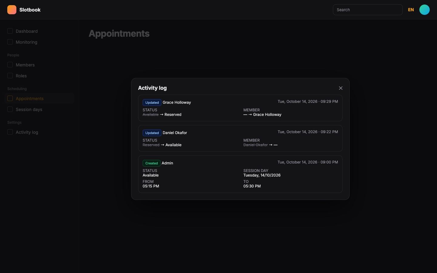 Slotbook: audit trail